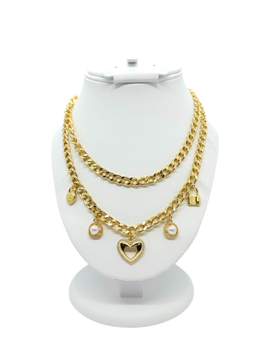 Two Chain Lock & Heart Necklace